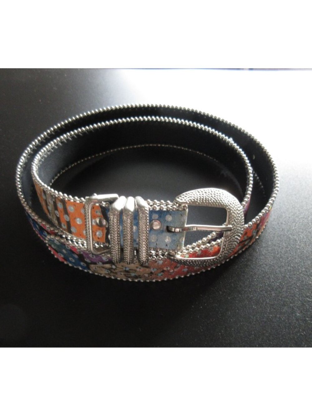 Womens Western Leather Belt w/Silver Textured Buckle & Bead Trim Colorful Sz M/L